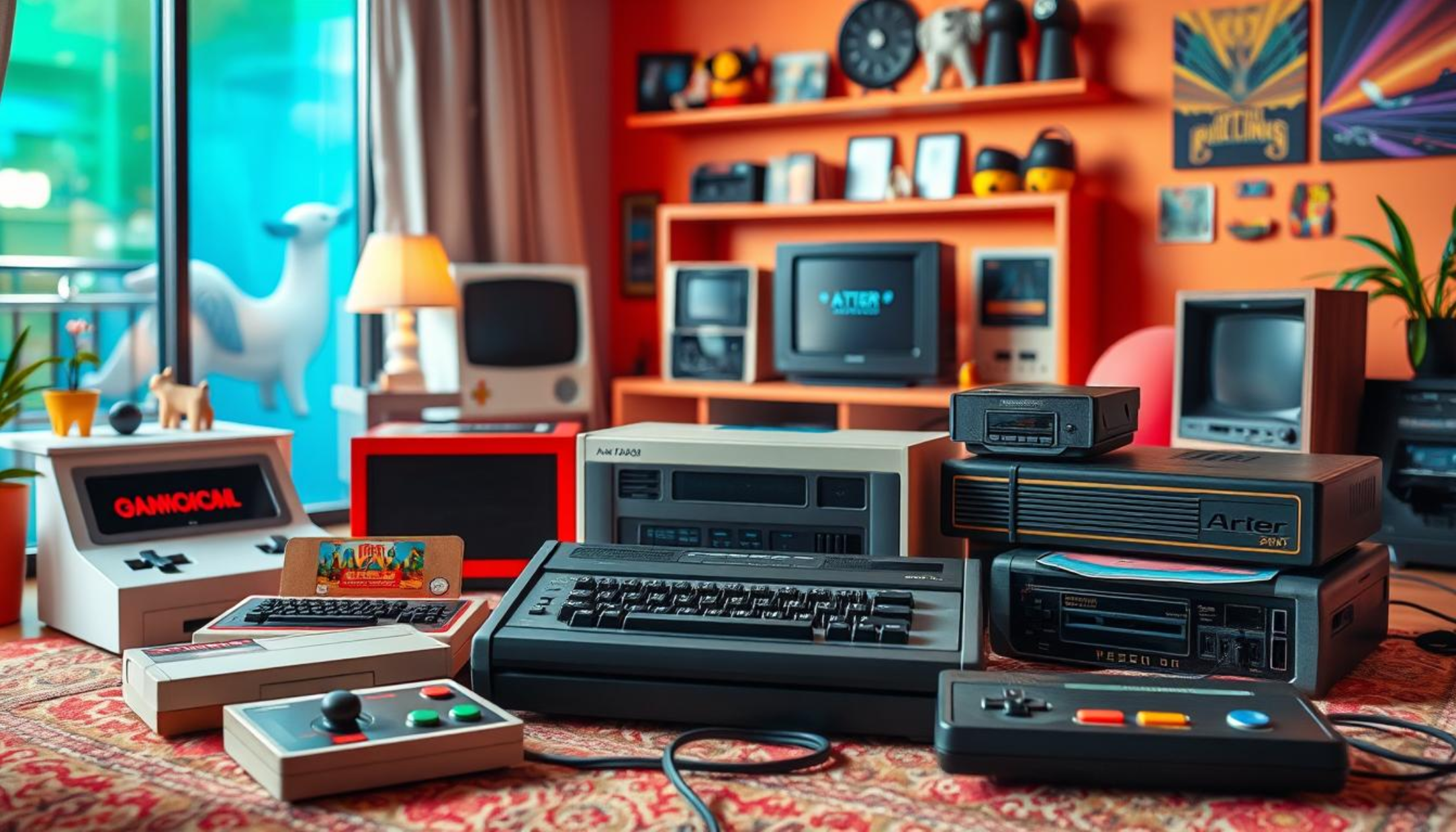 Uma composição artística de videogames e computadores brasileiros da década de 1980